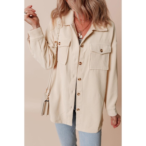 Oatmeal Corduroy Flap Pocket Button Up Shacket - M - Main Image