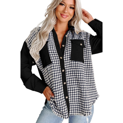 Black Houndstooth Corduroy Patchwork Flap Pocket Shacket - XL - Main Image