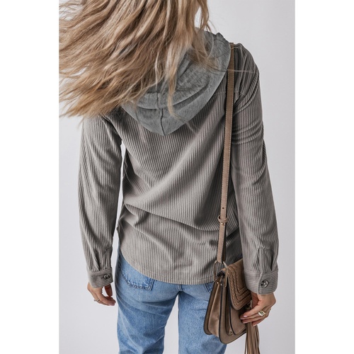 Light Grey Hooded Drawstring Pockets Corduroy Shacket - M - Main Image