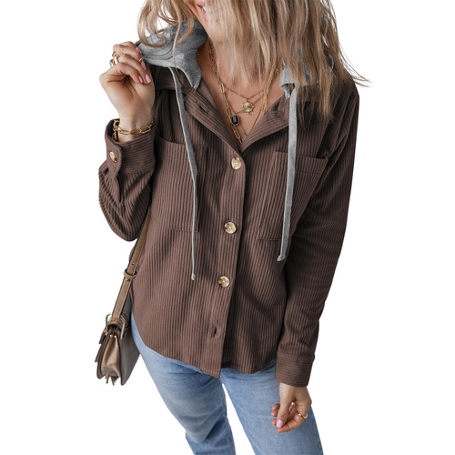 Coffee Hooded Drawstring Pockets Corduroy Shacket - S - Main Image