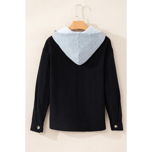 Black Hooded Drawstring Pockets Corduroy Shacket - M - Main Image