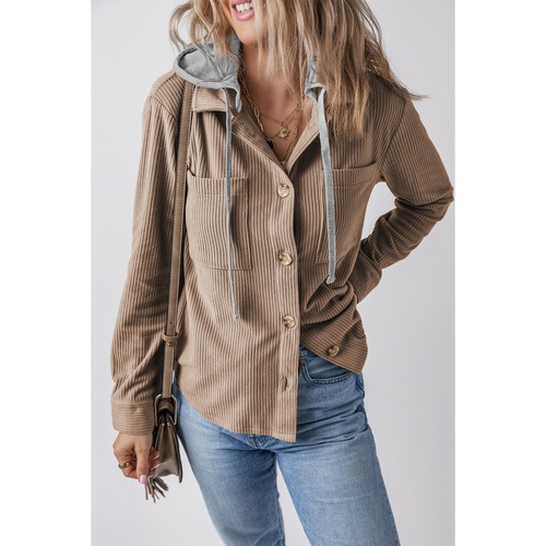 Pale Khaki Hooded Drawstring Pockets Corduroy Shacket - M - Main Image