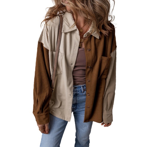 Brown Color Block Chest Pockets Buttoned Corduroy Shacket - L - Main Image