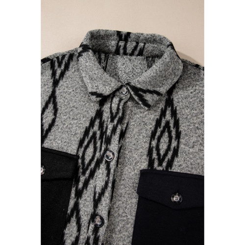 Gray Aztec Contrast Chest Pockets Loose Shacket - XL - Main Image