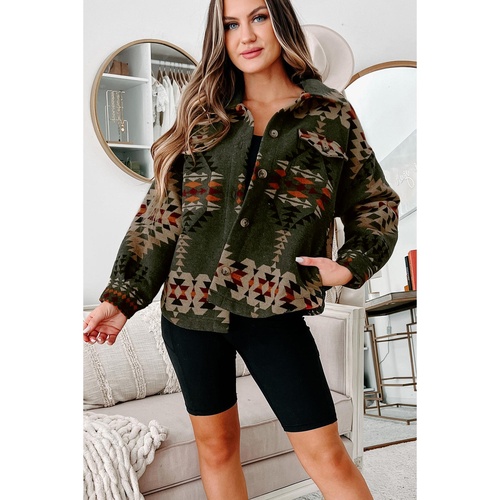 Green Aztec Print Flap Pockets Long Sleeve Shacket - XL - Main Image
