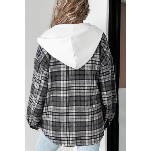 Black Plaid Print Flap Pockets Contrast Hooded Loose Shacket - S - Main Image