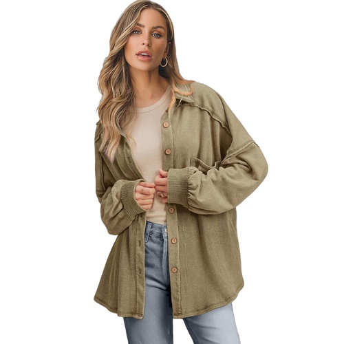 Moss Green Waffle Knit Patchwork Buttoned Oversized Shacket - L - Main Image