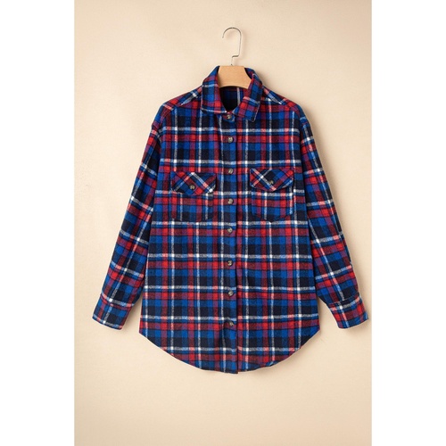 Navy Blue Plaid Flap Pocket Button Up Shacket - S - Main Image