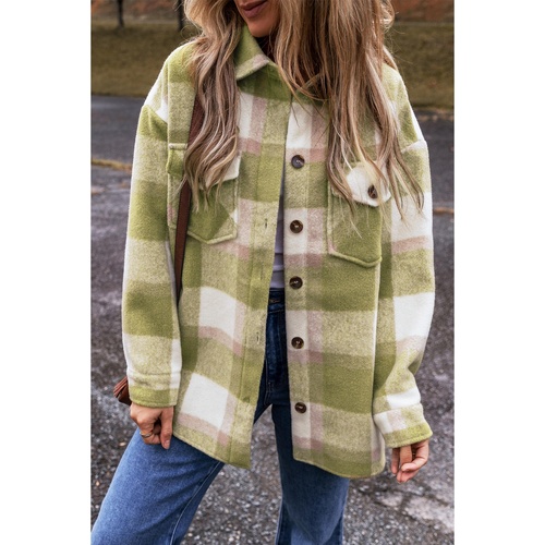 Sage Green Plaid Print Buttoned Flap Pockets Baggy Shacket - 2XL - Main Image