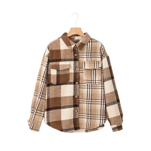 Light French Beige Flannel Plaid Double Flap Pocket Shacket - L - Main Image