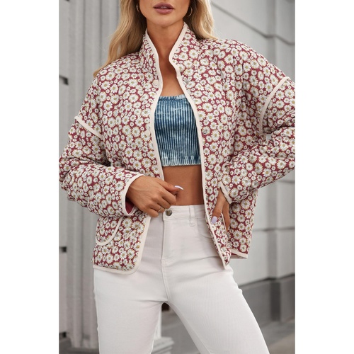 Pink Floral Print Contrast Edge Pocketed Stand Neck Jacket - S - Main Image