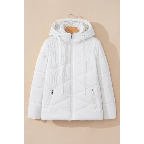 White Solid Quilted Hooded Zip Up Puffer Coat - M - Main Image