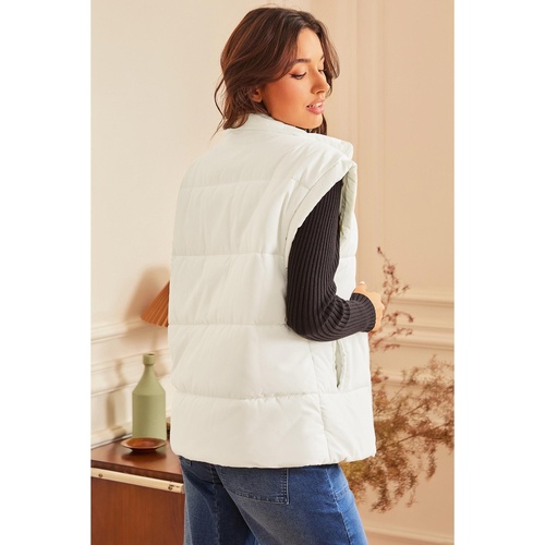 Beige  Zipper Stand Neck Oversized Puffer Vest - L - Main Image