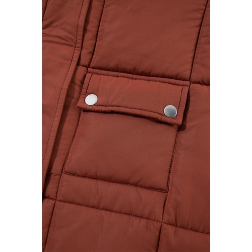 Coffee Quilted Puffer Stand Neck Zipped Mid-length Coat - L - Main Image