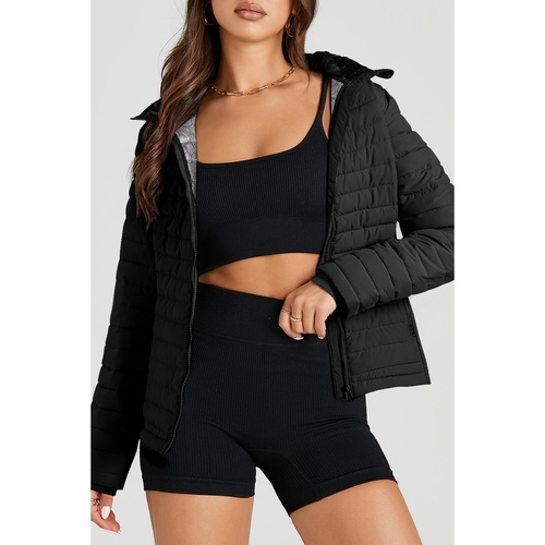 Black Solid Color Quilted Zip-up Puffer Jacket - M - Main Image