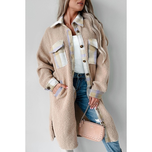 Smoke Gray Plaid Patchwork Collared Button-up Sherpa Long Coat - S - Main Image
