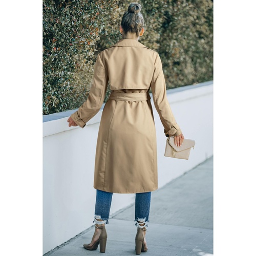 Pale Khaki Solid Color Lapel Collar Waist Tie Wind Coat - L - Main Image
