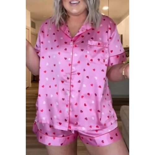 Pink Valentine Heart Shape Print Plus Size Sleepwear - 2X - Main Image