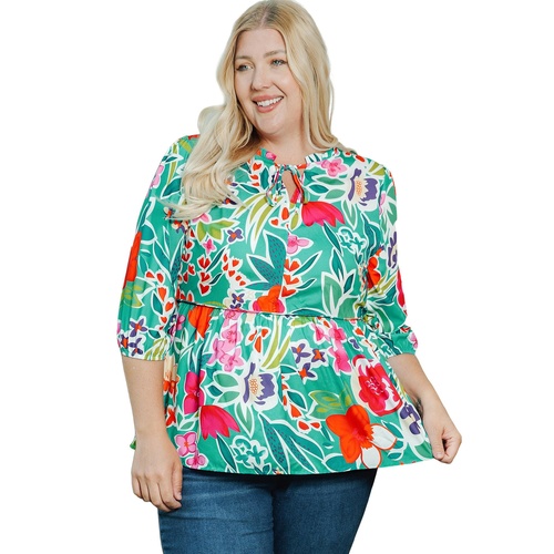 Multicolor Floral Tie Split Neck Plus Size Peplum Blouse - 2X - Main Image