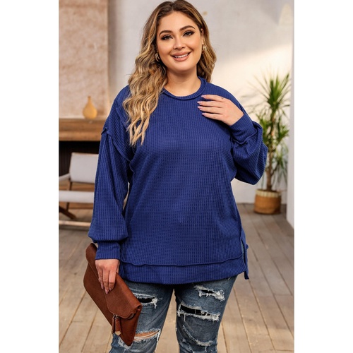Azura Exchange Blue Plus Size Waffle Knit Oversized Exposed Seam Top - 1X - Main Image