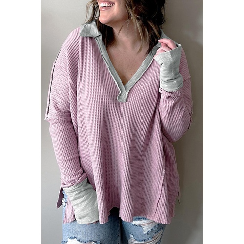 Azura Exchange Pink Plus Size Exposed Seam Waffle Knit Top - 1X - Main Image