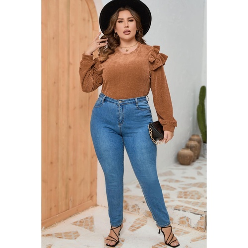 Brown Plus Size Solid Ruffled Tiered Long Sleeve Top - 3X - Main Image