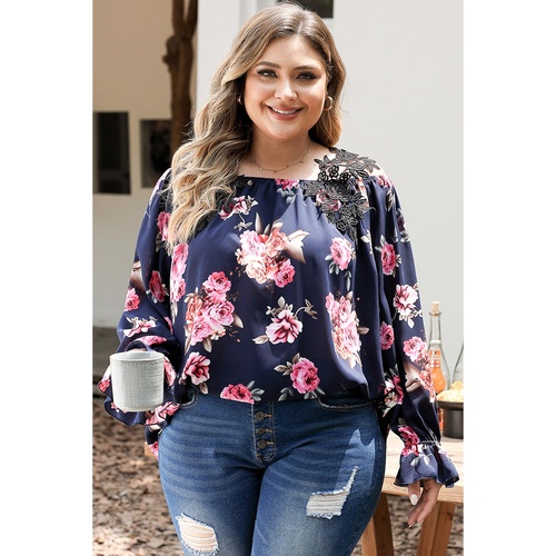 Navy Blue Plus Size Crochet Detail Cold shoulder Floral Blouse - 1X - Main Image