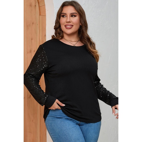 Black Sequin Contrast Long Sleeve Plus Size Top - 3X - Main Image