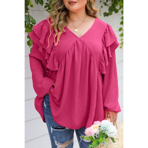 Pink Crinkle Ruffled V Neck Plus Size Blouse - 2X - Main Image