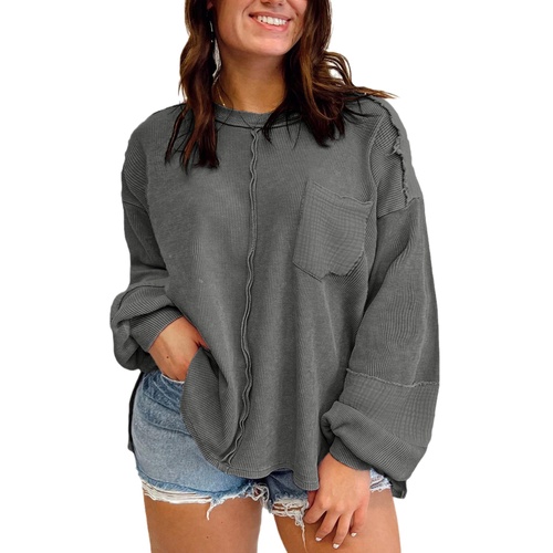 Dark Grey Plus Size Exposed Seam Crinkle Patchwork Top - 1X - Main Image