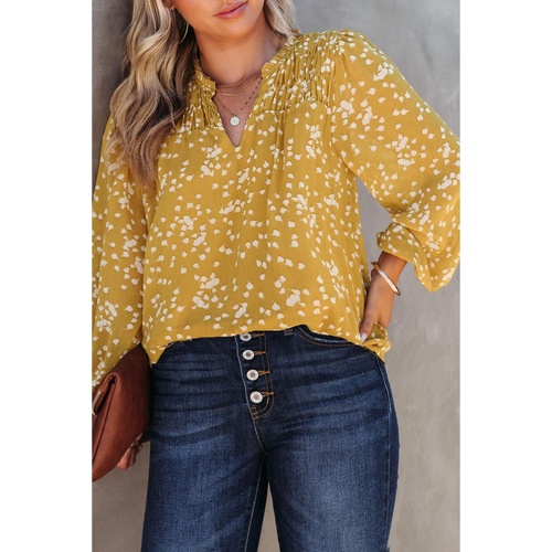 Yellow Plus Size Floral Print Ruched Split Neck Blouse - 1X - Main Image