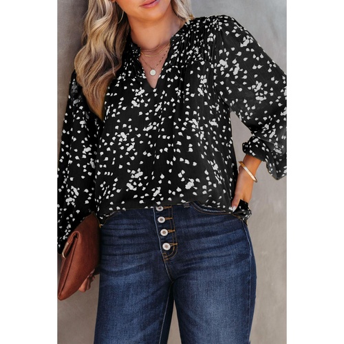 Black Plus Size Floral Print Ruched Split Neck Blouse - 2X - Main Image