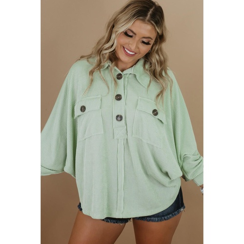 Azura Exchange Green Plus Size Ribbed Pocketed Long Sleeve Henley Top - 1X - Main Image