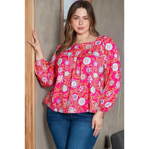Pink Plus Size Square Neck Floral Blouse - 2X - Main Image