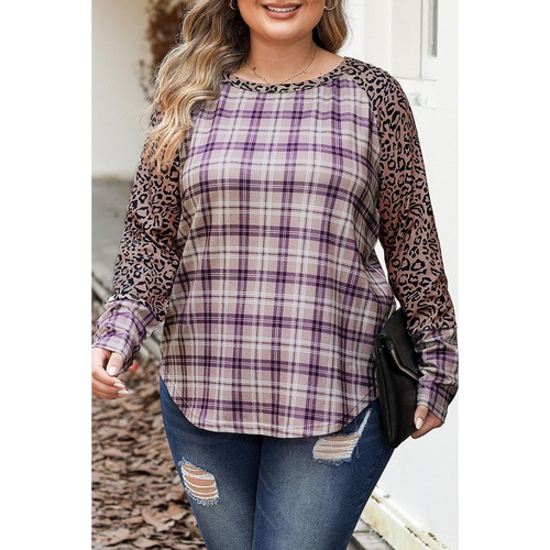 Chestnut Plus Size Leopard Raglan Sleeve Plaid Top - 1X - Main Image