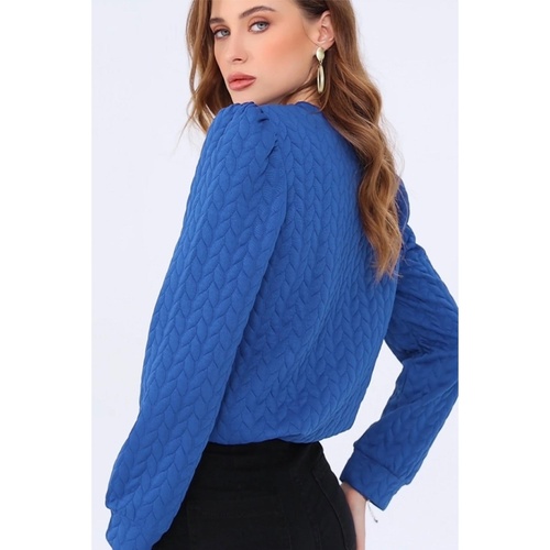 Dark Blue Cable Pattern Puff Sleeve Plus Size Top - 1X - Main Image