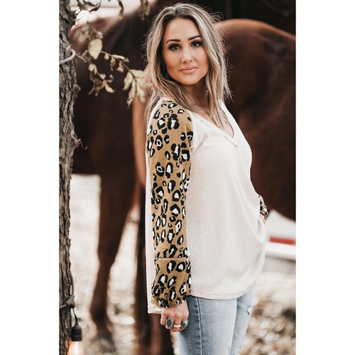Beige Printed Plus Size Waffle Knit Contrast Leopard Long Sleeve Top - 1X - Main Image