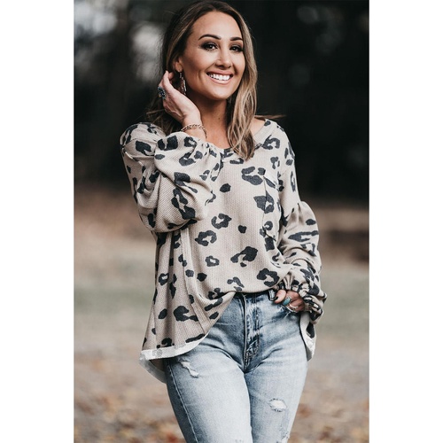Gray Printed Leopard Balloon Sleeve Thermal Knit Plus Size Top - 1X - Main Image