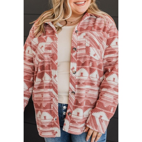 Pink Plus Size Aztec Print Chest Pocket Shacket - 1X - Main Image