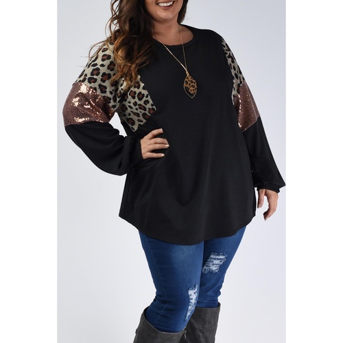 Black Leopard Sequin Patch Plus Size Long Sleeve Top - 1X - Main Image