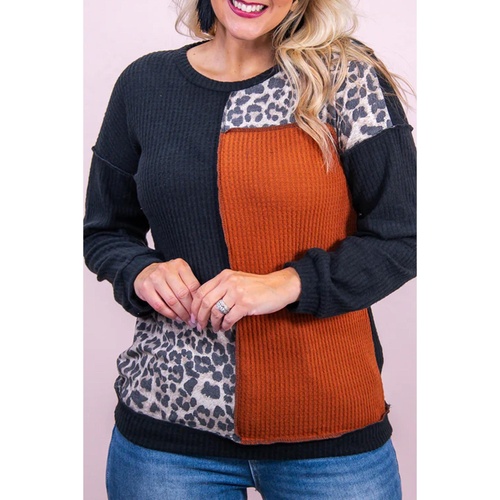 Black Orange Colorblock Leopard Patchwork Waffle Knit Plus Size Top - 1X - Main Image
