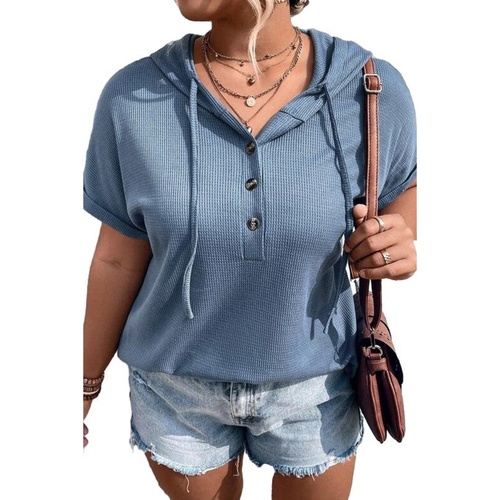 Ashleigh Blue Plus Size Waffle Knit Short Sleeve Drawstring Hoodie - 1X - Main Image