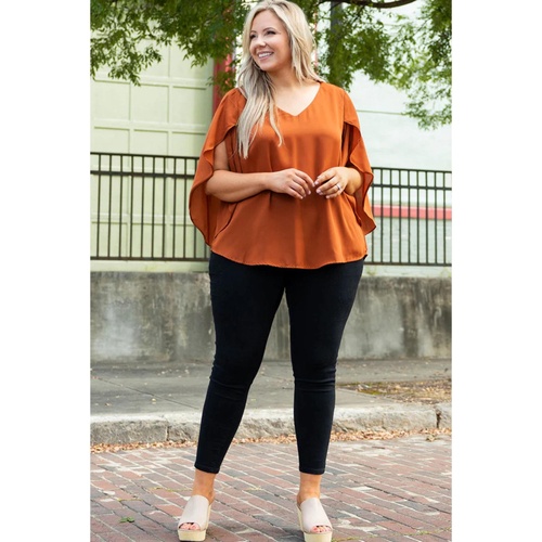 Gold Flame Plus Size Solid Wrapped Ruffled Sleeve V Neck Blouse - 1X - Main Image