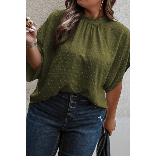 Moss Green Plus Size Swiss Dot Mock Neck Tied Nape Top - 1X - Main Image
