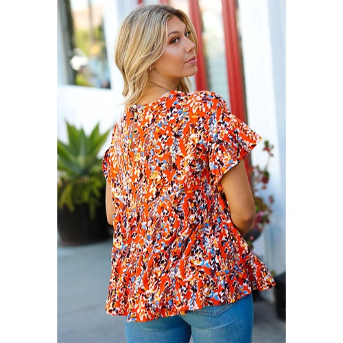 Orange Floral Printed Ruffle Sleeve Curvy Babydoll Blouse - 1X - Main Image