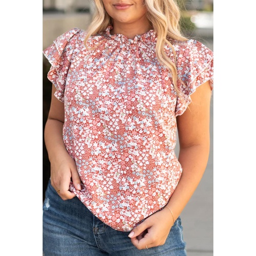 Pink Plus Size Floral Print Ruffled Sleeve Frilled Neck Blouse - 1X - Main Image
