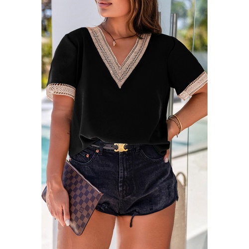 Black Lace Trim Short Sleeve V Neck Plus Size Top - 2X - Main Image