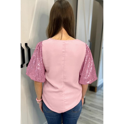 Pink Contrast Sequin Bubble Sleeve Plus Size T-shirt - 2X - Main Image