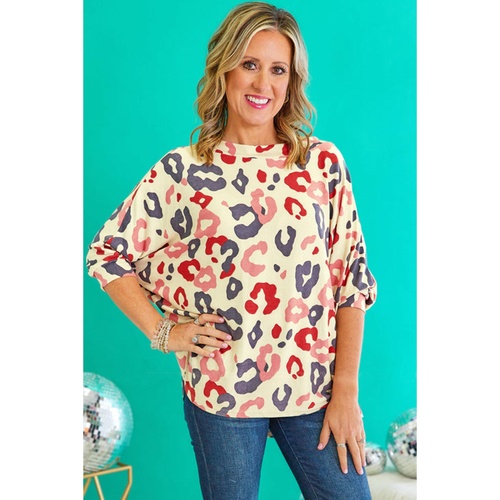 White Colorful Leopard Print Batwing Sleeve Plus Jumper - 2X - Main Image