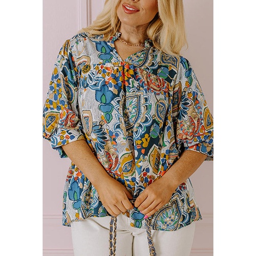 Multicolour Plus Size Floral Print Half Sleeve Slit Neck Blouse - 2X - Main Image